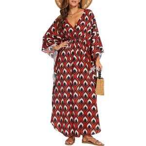 Women's Black Flower 100% Polyester V Neck Summer Dresses Cover Ups Caftan Maxi